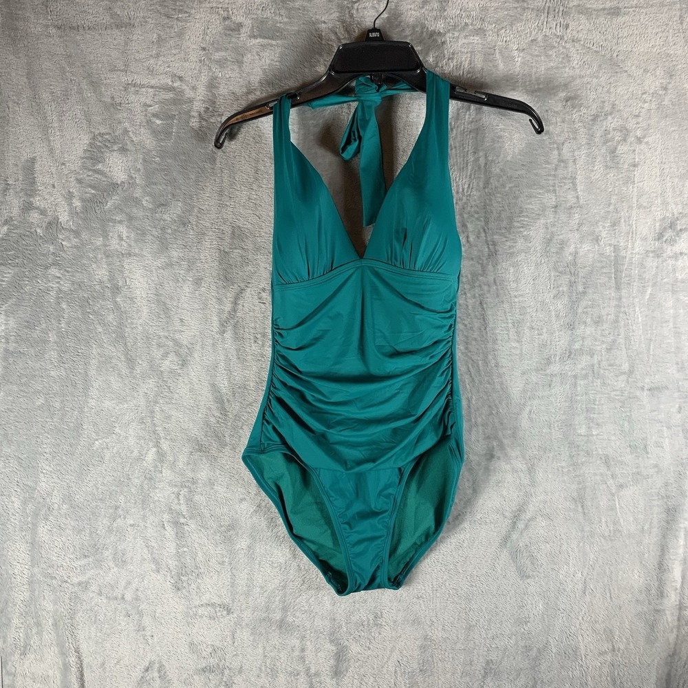 Lauren Ralph Lauren Women's Swimsuit 4 One Piece Halter Ruched Sides Teal Blue
